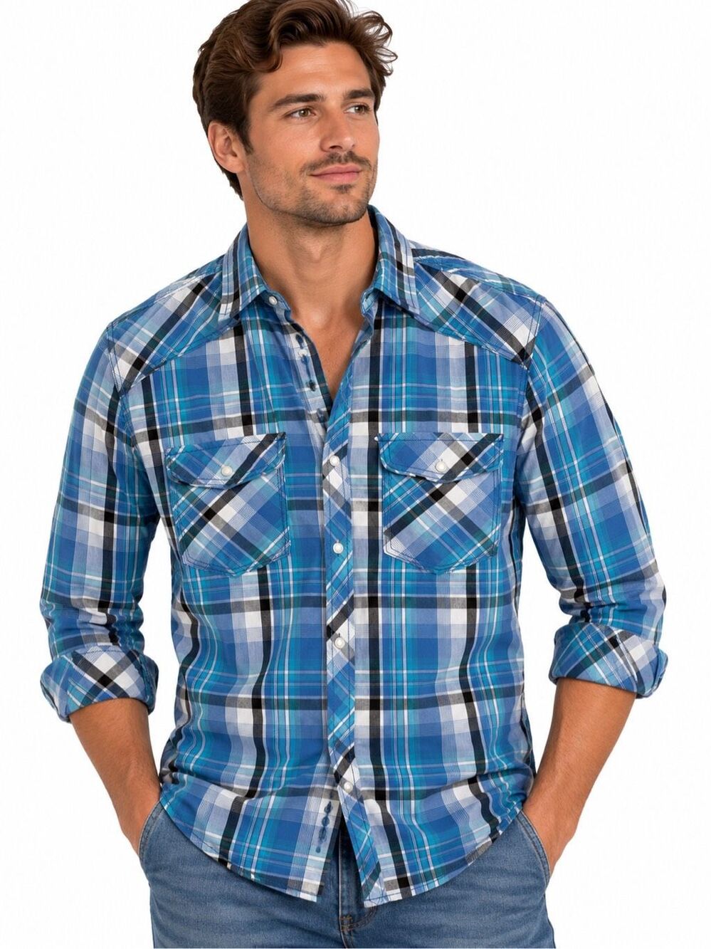 Carbon Men’s Slim Fit Blue Plaid Western Pearl Snap Long Sleeve Shirt Medium